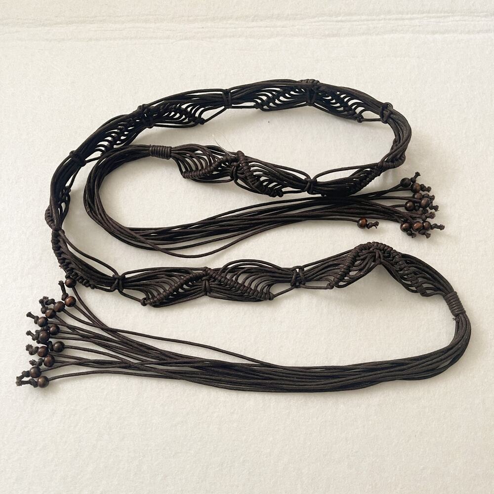 Brown Macrame Tie Belt Wooden Beads Fringe Boho Festival Adjustable NWOT